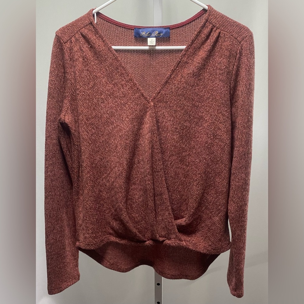 Blue Rain Rust Color V-Neck Sweater Faux Hem Tie‎ size S